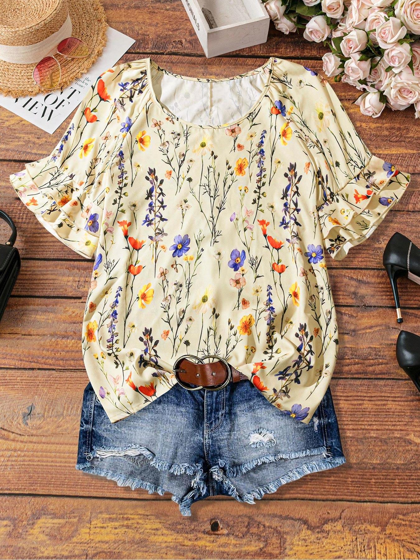 【Plus Size】 All Over Print Ruffle Layered Sleeve Blouse, Casual Short Sleeve Round Neck Top for Daily Wear, Women's Plus Clothing for All Seasons