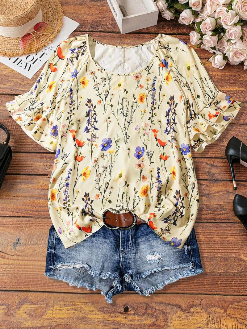 【Plus Size】 All Over Print Ruffle Layered Sleeve Blouse, Casual Short Sleeve Round Neck Top for Daily Wear, Women's Plus Clothing for All Seasons