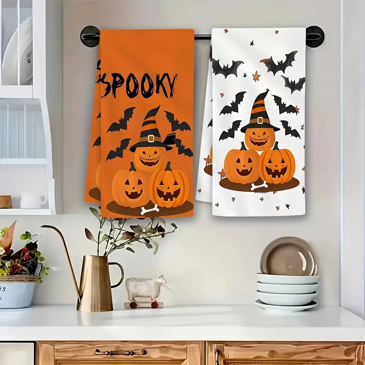 2pcs Cleaning Cloth/Kitchen Towel,Halloween Bathroom Hand Towel Kitchen Towel, Pumpkin Bat Spooky Pattern Kitchen Towel Dish Towel Hand Washing Cloth Drying Towel,Bathroom Towel, halloween hand towel