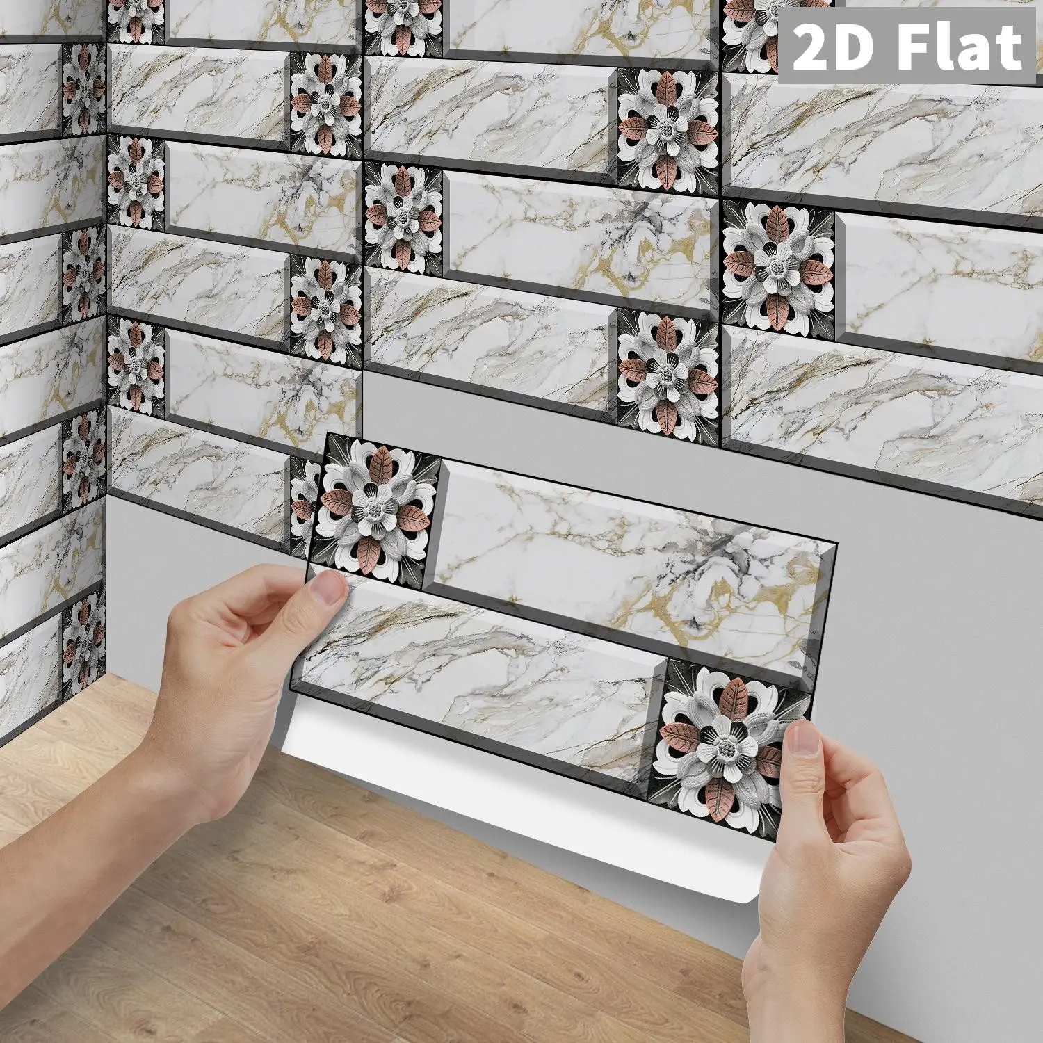 6/12/24/48Pcs FG Light Luxury White Gold Marble Embossed Flower Tile Stickers, 2D Flat PVC Crystal Film Self Adhesive Waterproof Oilproof Decorative Wall Decals For Kitchen Bathroom Floor Wood