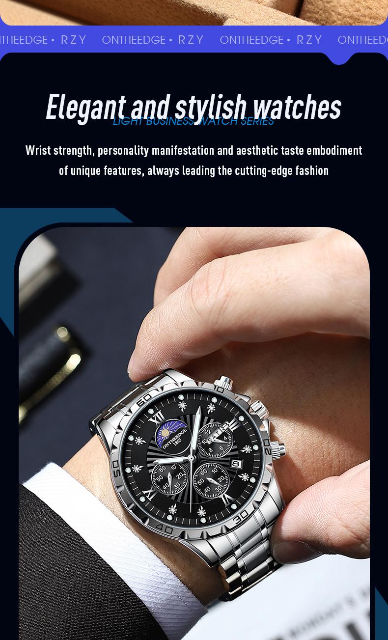 Men's Luxury Moon Phase Quartz Watch - Stainless Steel Wristwatch with Date, Chronograph Subdials, Diamond Markers, Luminous Hands, Classic Business Dress Watch for Men, Perfect Gift for Husband Dad