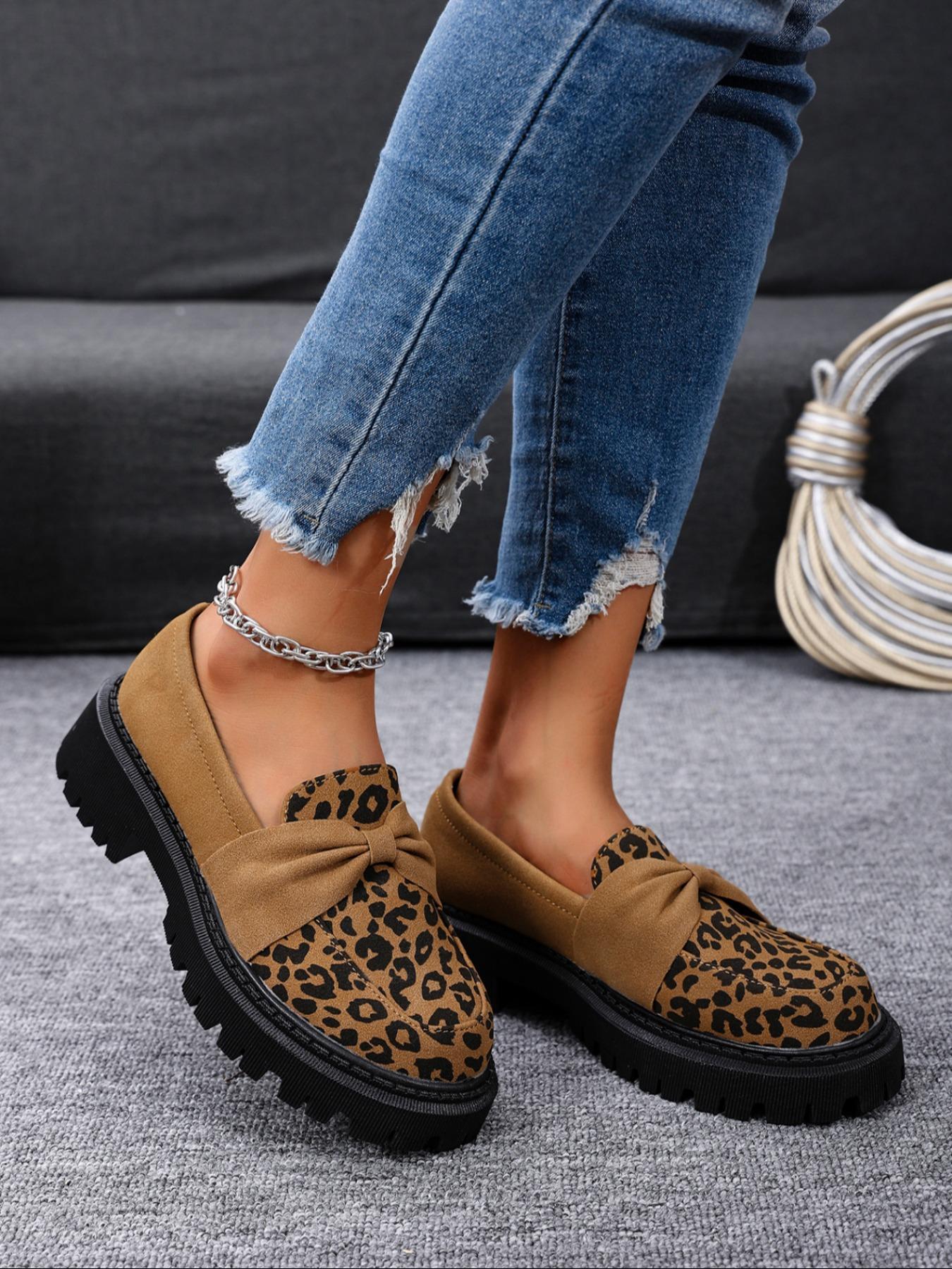 Women's Fashion Leopard Print Bowknot Design PU Leather Loafers, Casual Comfortable Slip on Shoes for Daily Wear, Lightweight Breathable Shoes for All Seasons