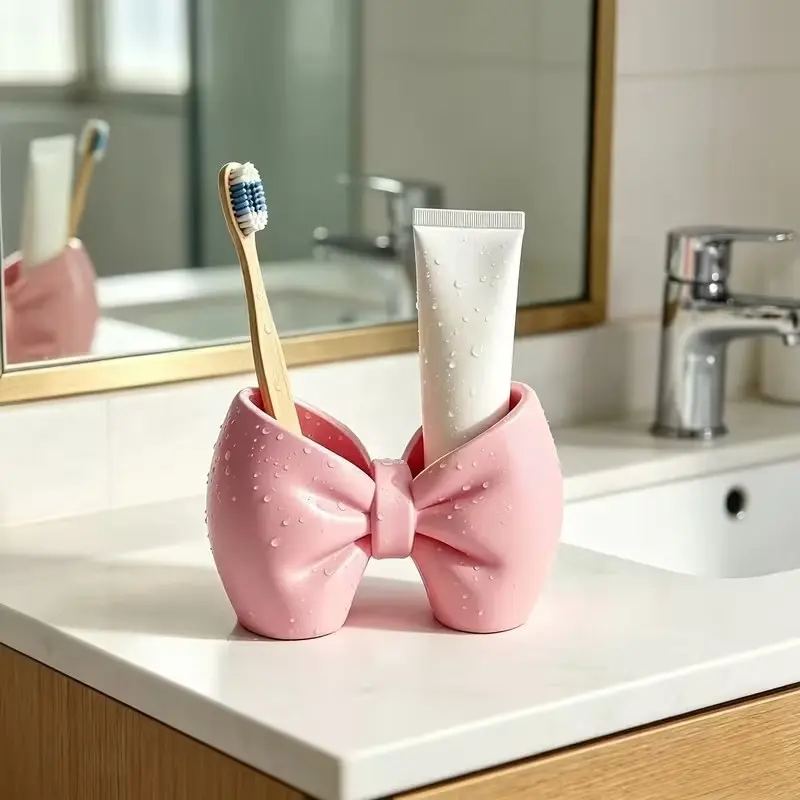 Cute Bow Toothbrush Holder, Toothbrush Organizer, Plastic Independent Design, Bathroom & Bedroom Decor, No Installation Needed, Pen Stand Included