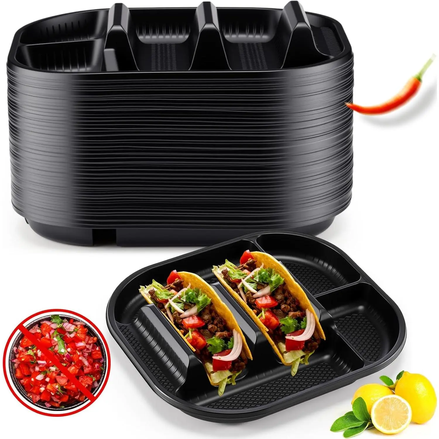 40 Pack Disposable Plastic Taco Plates, Fiesta Tacos Holder Tray PP Taco Holder Plates with 2 Dividers for Soft & Hard Shells for Tacos Tuesday Bar, Parties, Picnics (Black)