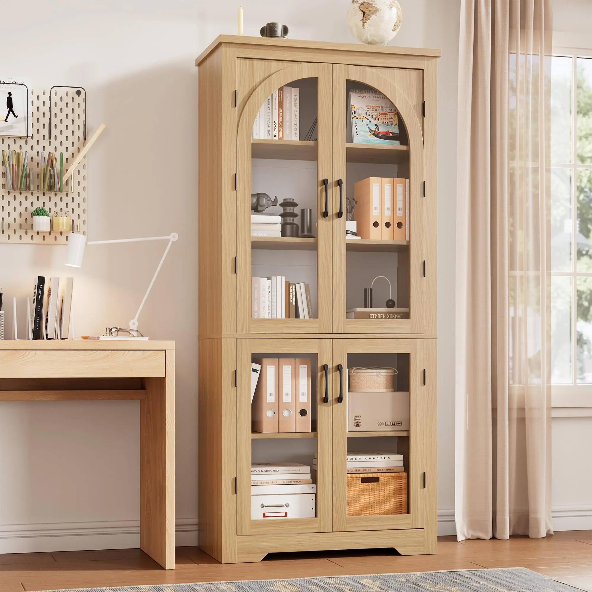 70-inch Height Sturdy Contemporary Farmhouse Kitchen Bookcase - Indoor Cupboard with 4 Curved Glass Doors, 3-Tier Adjustable Shelves, Spacious Storage, Easy Setup, Robust Base, 300 lbs Weight Capacity for Living Room