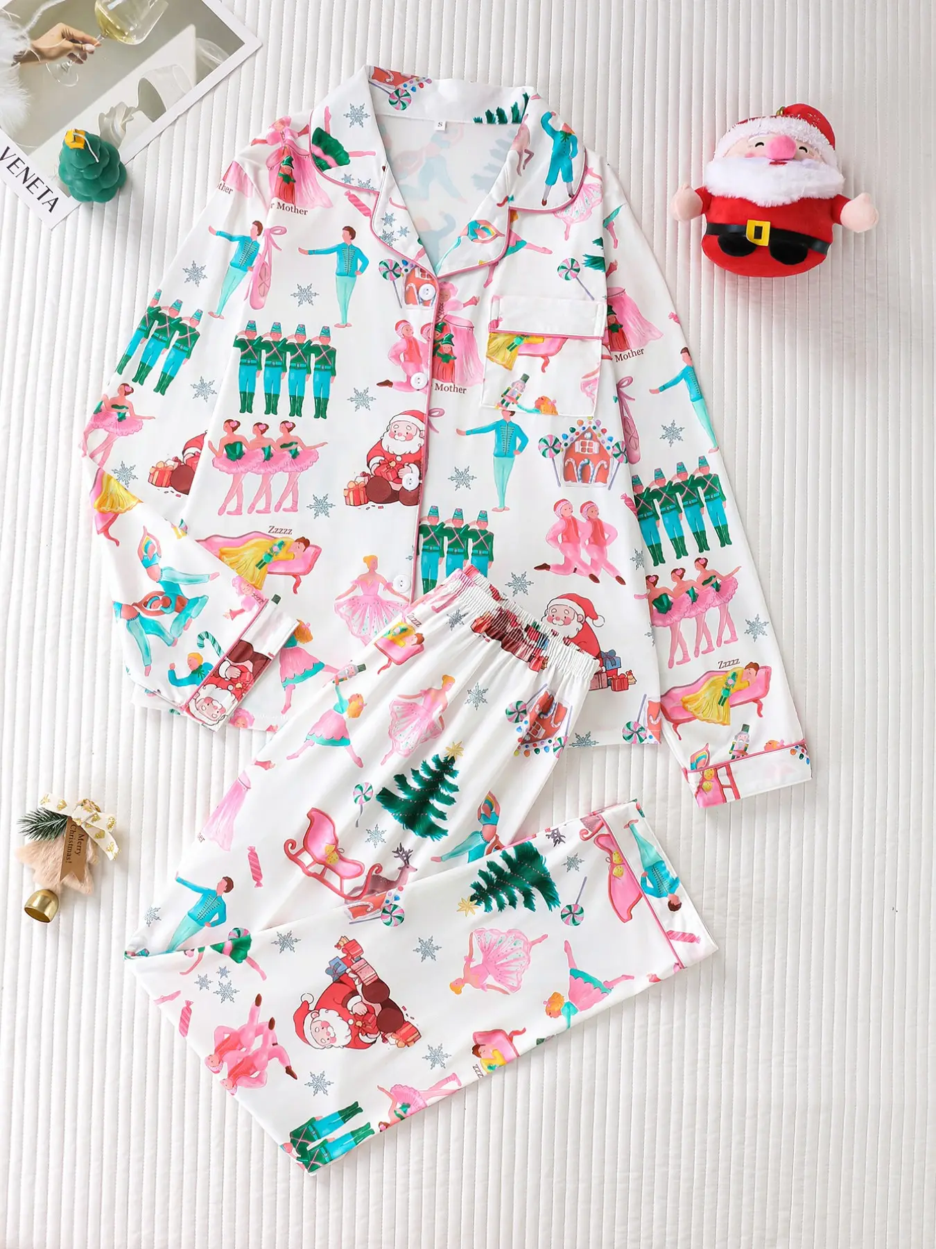 Women's Christmas Pajama Set Loungewear, Cartoon Nutcracker Santa Print, Soft Skin-Friendly Fabric, Button Long Sleeve Top, Elastic Pants, Casual Home Wear