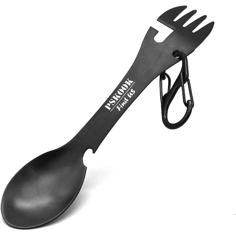 Outdoor activities5-in-1 Utility Tactical Spork, Stainless Steel Spoon & Bottle Opener, Fork & Knife, Can Opener Combo Camping Utensil for Hiking, Camping or Backpacking (Black)