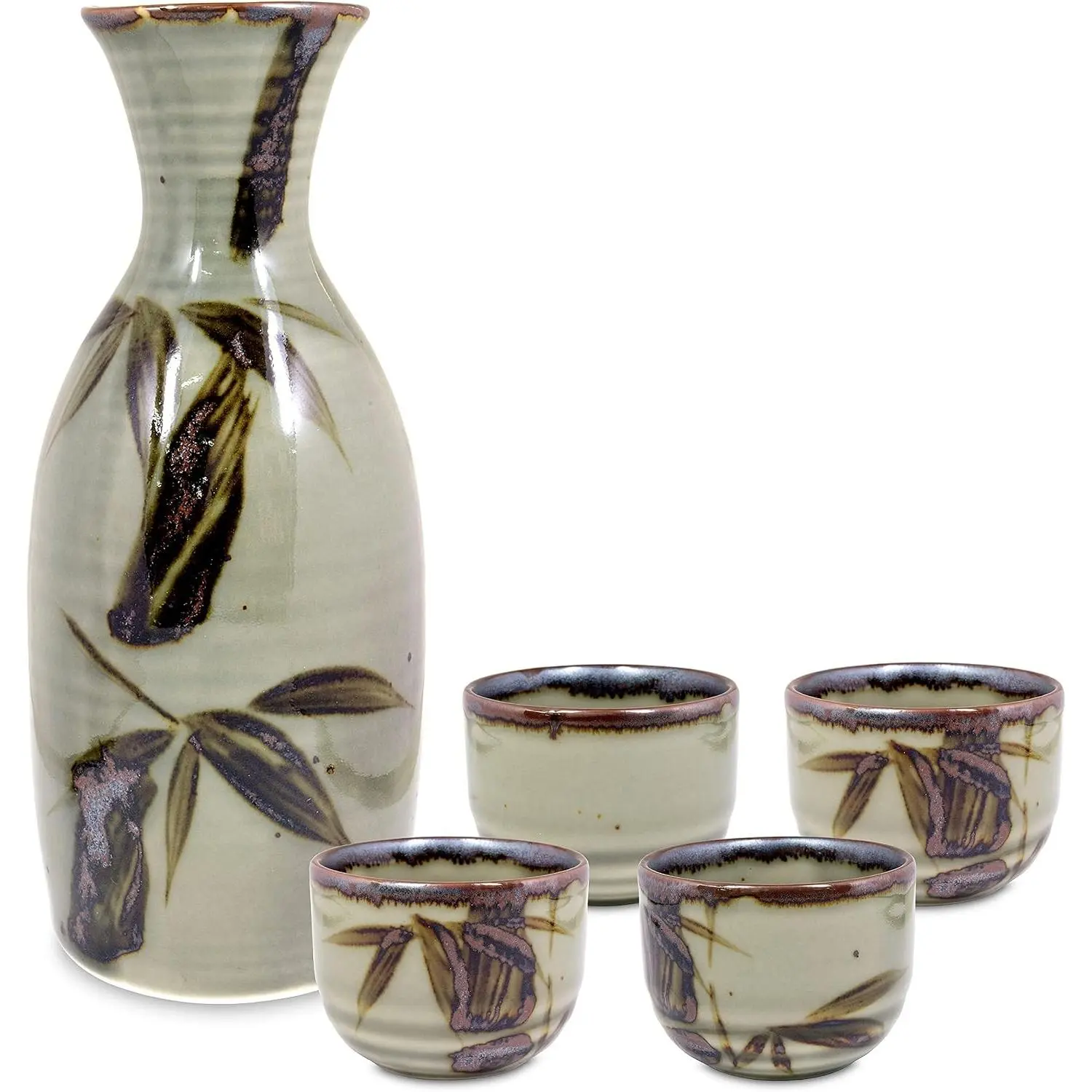 Product of Gifu Japan Japanese 5 Piece Sake Set, 1 Tokkuri Bottle Carafe and 4 Ochoko Ceramic Sake Cups, Green