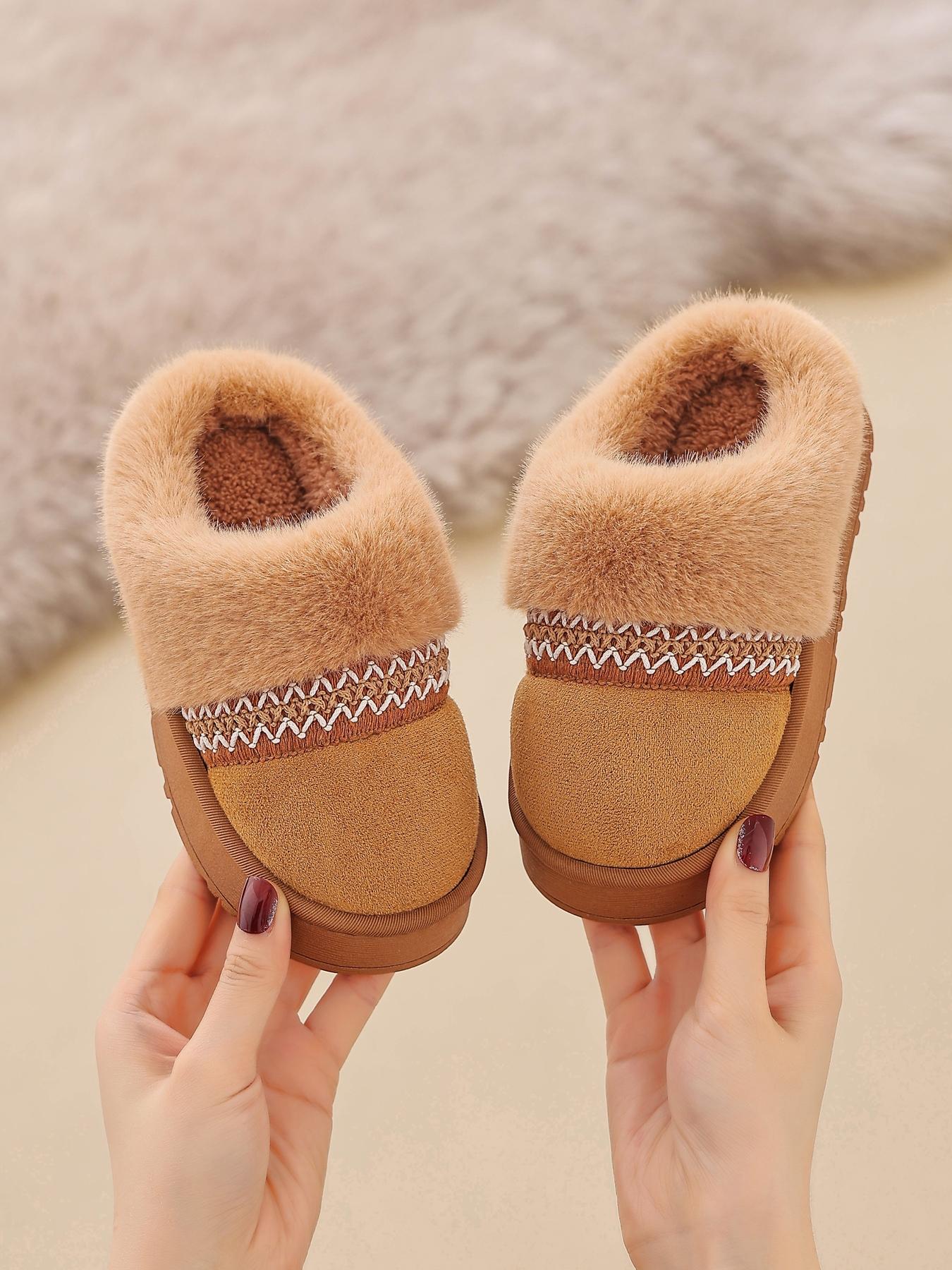 NewNewFabric Slippers for Autumn Winter, Indoor Home Anti-Slip Warm Plush Shoes, Unisex Kids Thick Casual Footwear