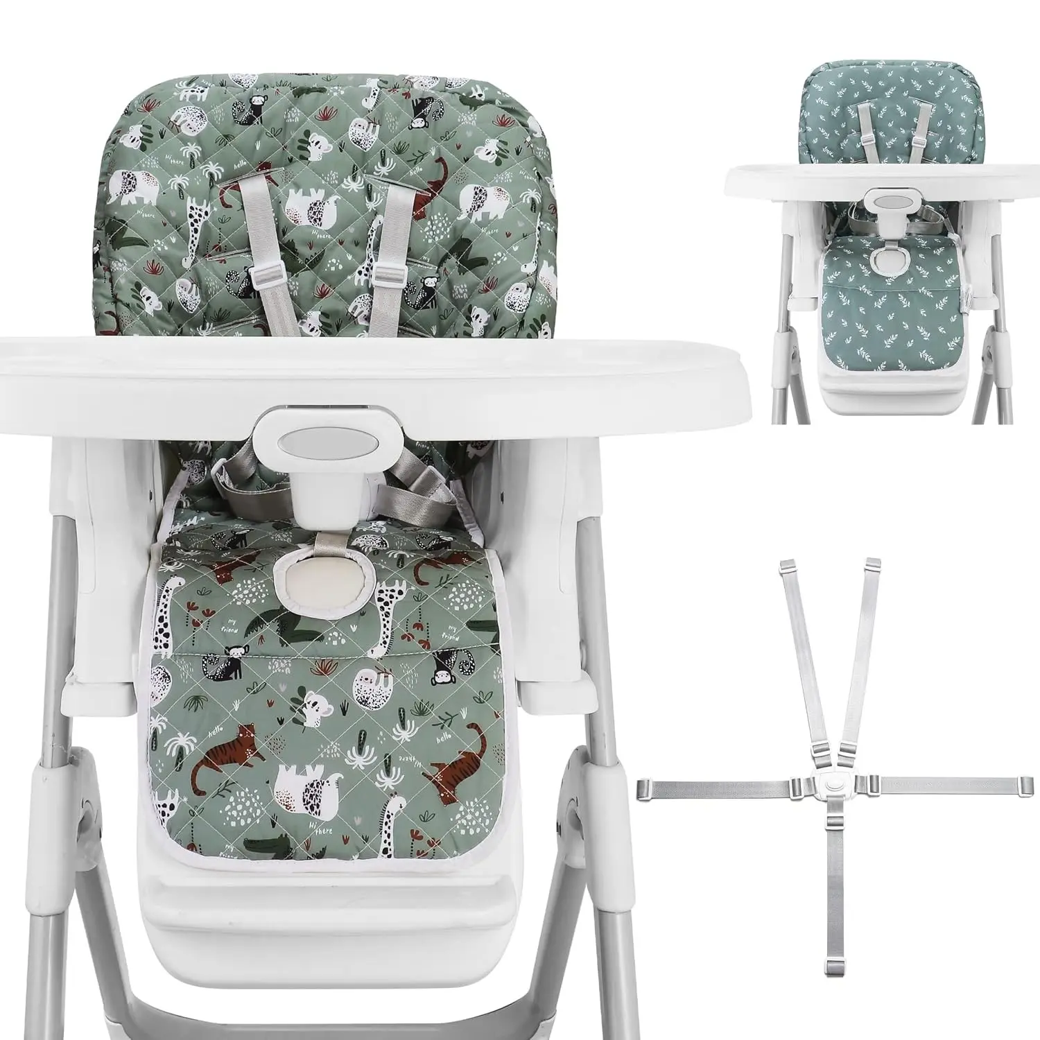 Baby High Chair Cover Replacement, Reversible & Waterproof High Chair Cushion Pad Home & Restaurant use, Includes 5-Point Harness Strap, Chair Not Included (Dark Green)