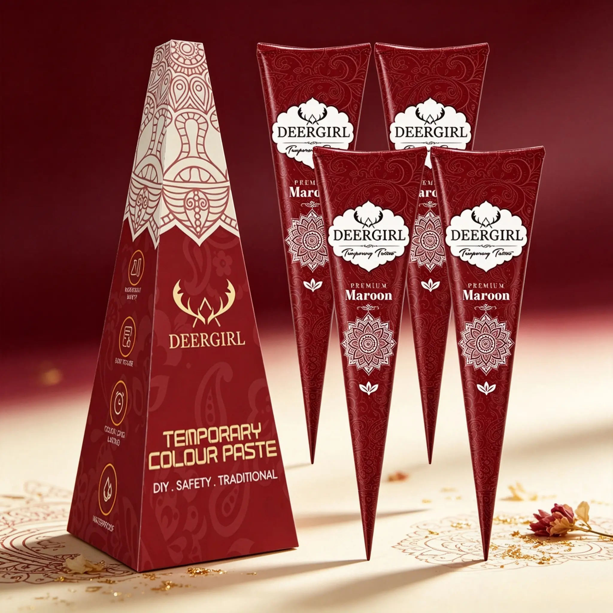4 large smooth-flow henna tattoo cones, safe vibrant paste for long-wear temporary tattoos and nail detailing. Sweatproof professional henna supplies for street stalls, bridal makeup and holiday event business use.