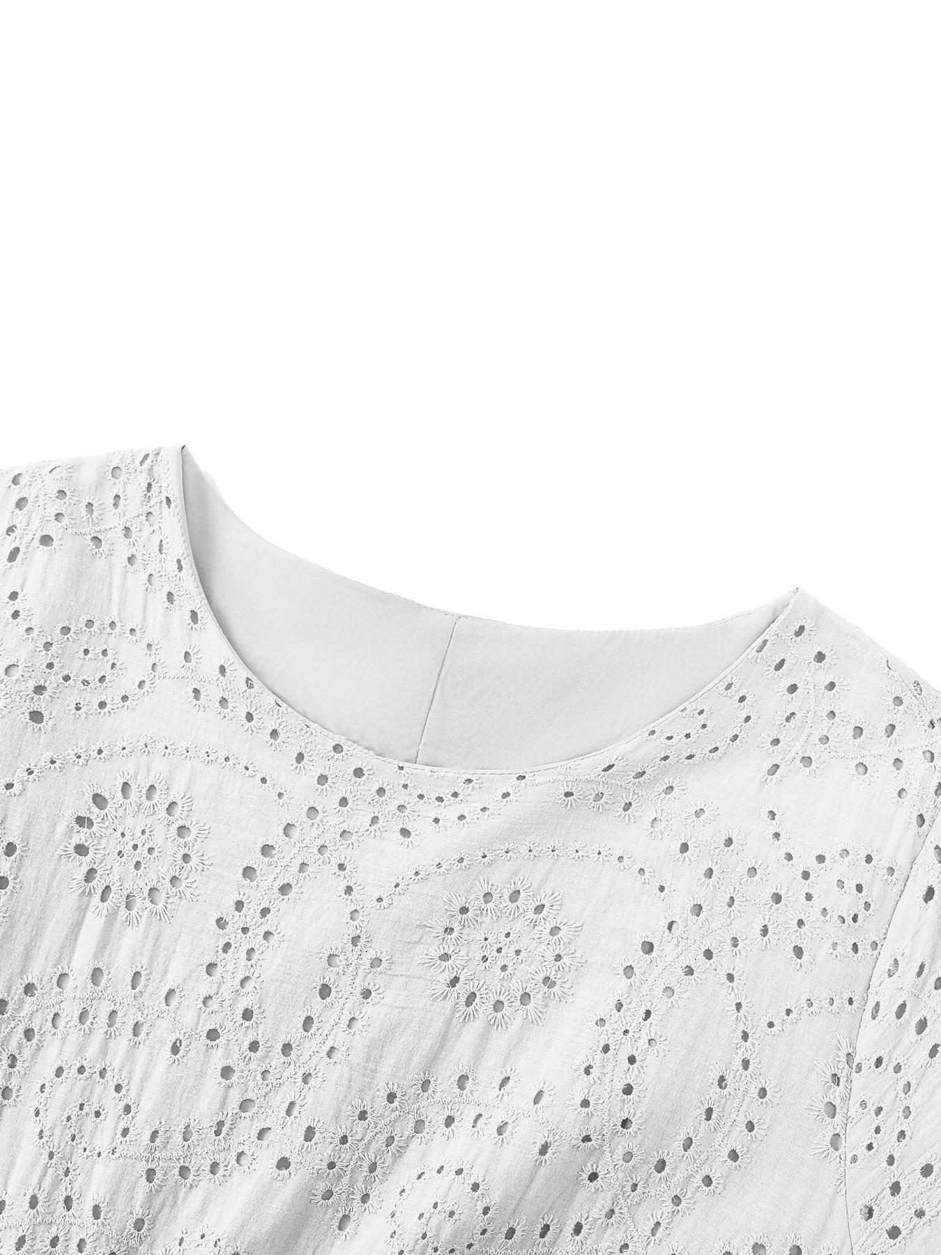 【Plus Size】 Plain Eyelet Embroidery Dress, Boho Fashion Round Neck Dress for Daily Holiday Vacation Wear, Women Plus Clothing for Summer