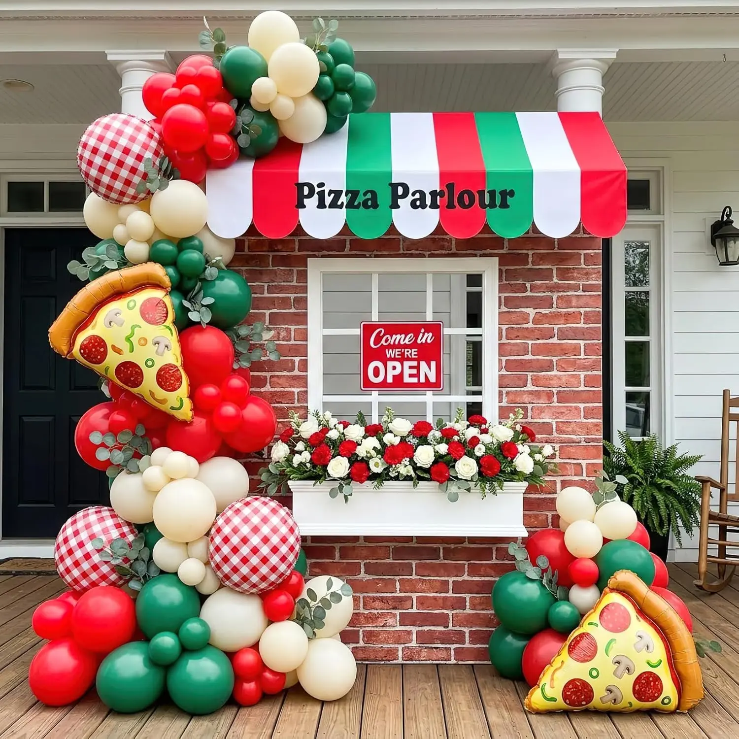 137PCS Pizza Party Decorations Kit - Red White Dark Green Balloon Garland Arch with Giant Pizza Foil Balloons & Red Checkered Gingham Artificial Leaves for Italian Pizzeria, BBQ, Birthday,Baby Shower