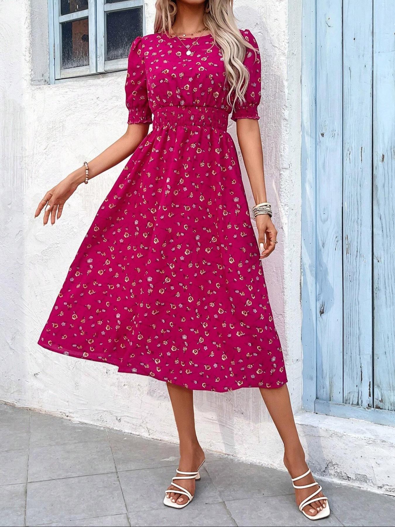 Women's Floral Print Bubble Hem Dress, Round Neck Waist Cinched Design, Boho Style Midi Skirt, Fitted Short Sleeve, All Seasons