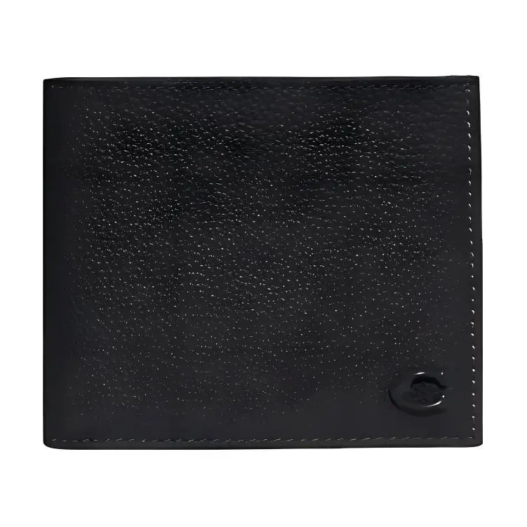 COACH Billfold Wallet for Men – Polished Pebbled Leather, Multi-Slot Open Pocket, Mini Style in Black