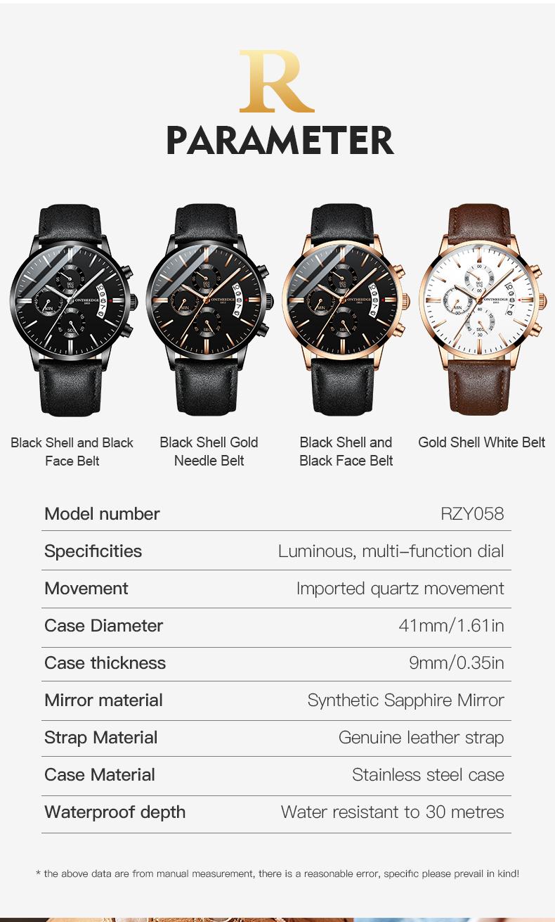 Men's Luxury Black Chronograph Quartz Watch - Leather Strap Wristwatch with Date, Multi-Function Subdials, Luminous Hands, Business Casual Dress Watch, Perfect Gift for Him