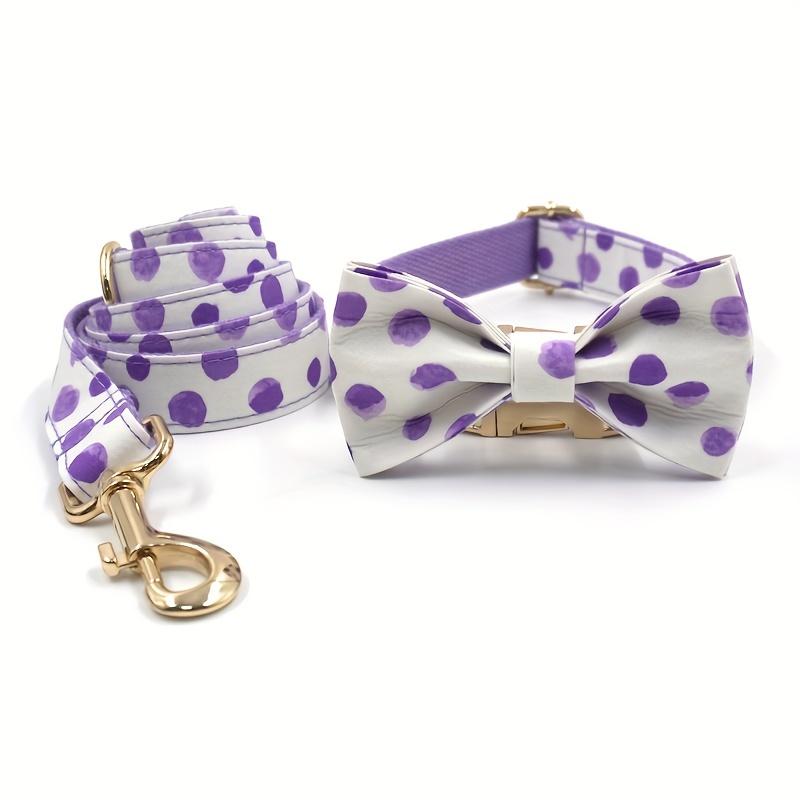 [Personalized] 3pcs/set Light Purple Polka Dot Adjustable Pet Dog Collar, Leash Bow Tie Set, Free Laser Engraved Dog's Name, And Owner's Phone Number, Wedding Gift For Dogs Customized