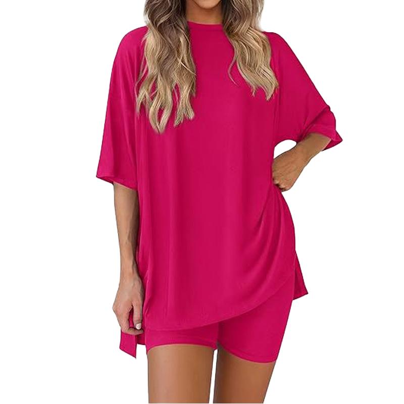 Women's Summer Casual Solid Color Crew Neck Slit Loose Short Sleeve Top with Pocket, Shorts Set Comfy Loungewear for Home Women's Summer Casual Solid Color Crew Neck Slit Loose Short Sleeve Top with Pocket, Shorts Set Comfy Loungewear for Home