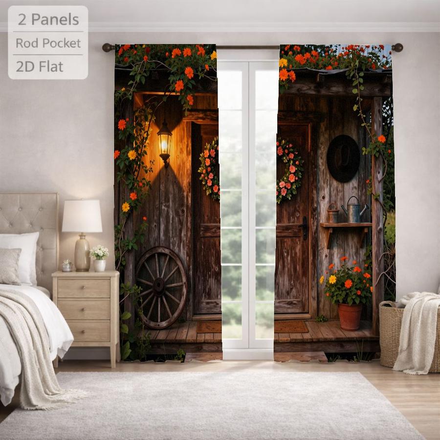Rustic Farmhouse Cabin Door Floral Vine Sun Blocking Curtains 2Pcs Digital Printed Rod Pocket Window Treatment for Bedroom Office Kitchen Living Room Study Home Decor Multiple Sizes Easy Installation