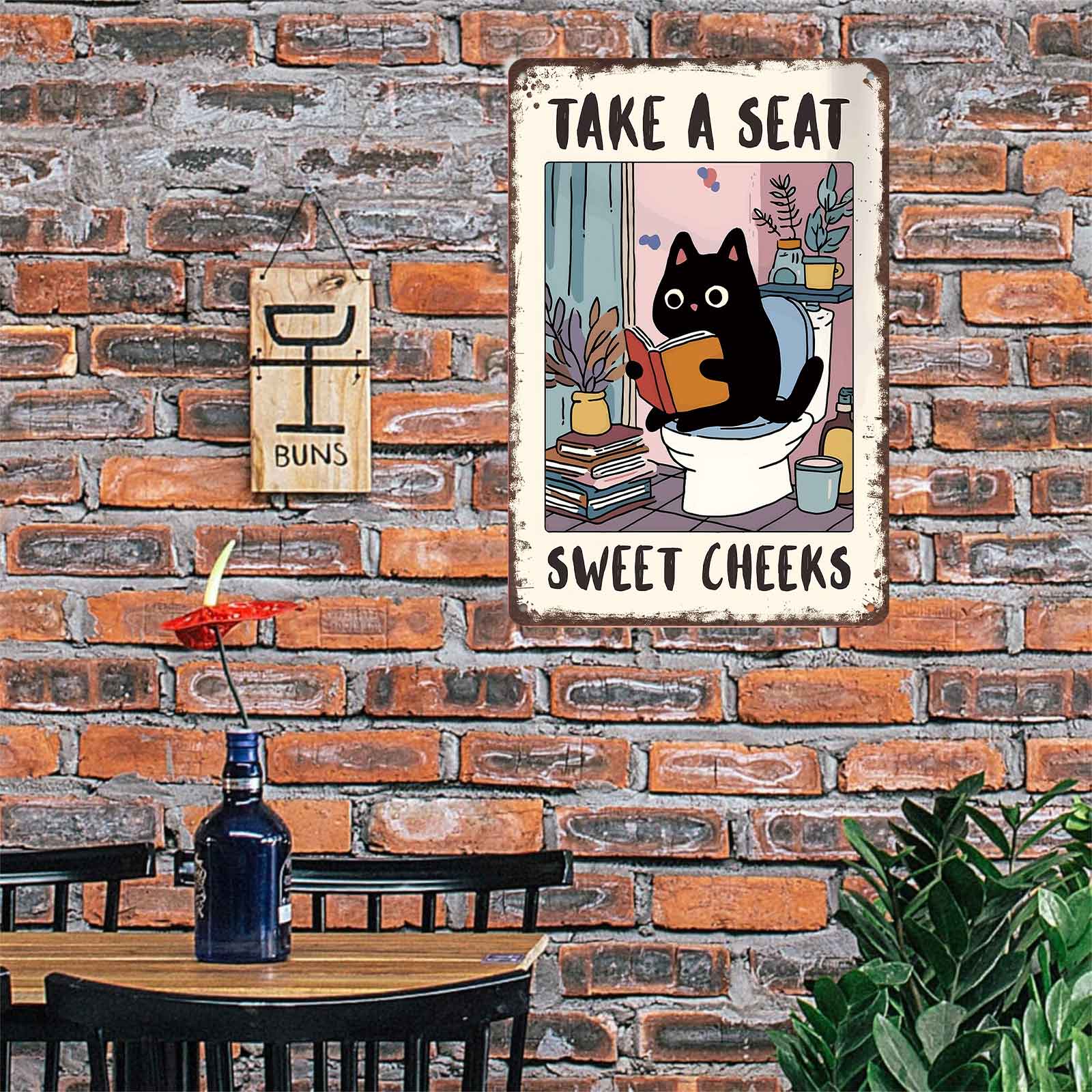 8x12 Inch Aluminum Metal Sign - "Take A Seat Sweet Cheeks" Cute Black Cat Bathroom Decor |   Ideal for Home, Guest Bathroom, Salon, and Cat Lovers' Space |   Whimsical Tin Plaque, Easy to Mount, Perfect Housewarming Gift