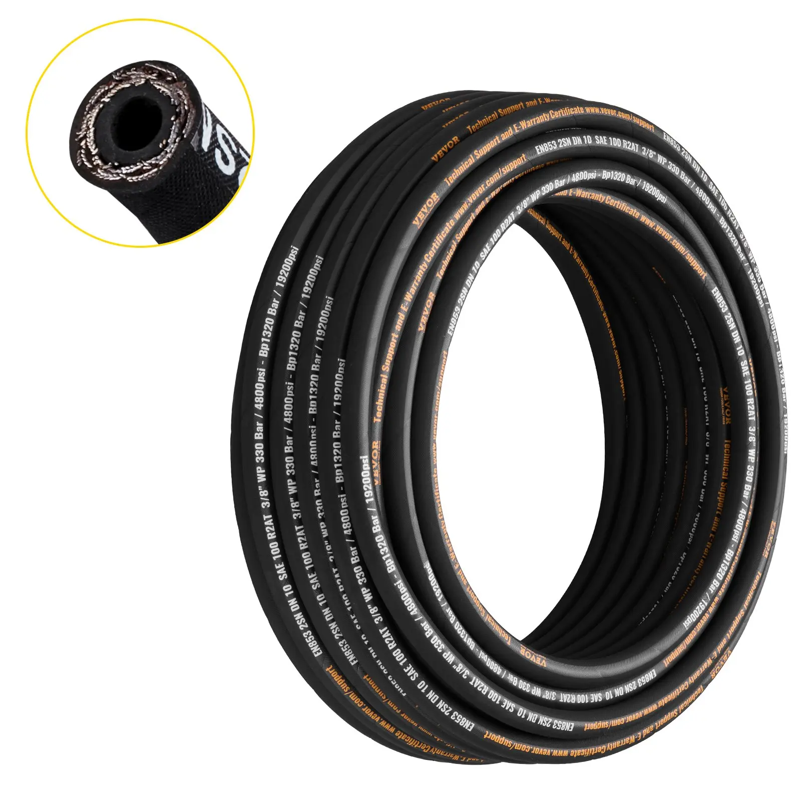 【DealsForYouDays】VEVOR Hydraulic Hose 3/8 inch x 100 ft, Coiled Hydraulic Hose 4800 PSI, Rubber Hydraulic Hose with 2 High-Tensile Steel Wire Braid, Bulk Hydraulic Hose -20°C to 140°C, Hydraulic Oil Flexible Hose