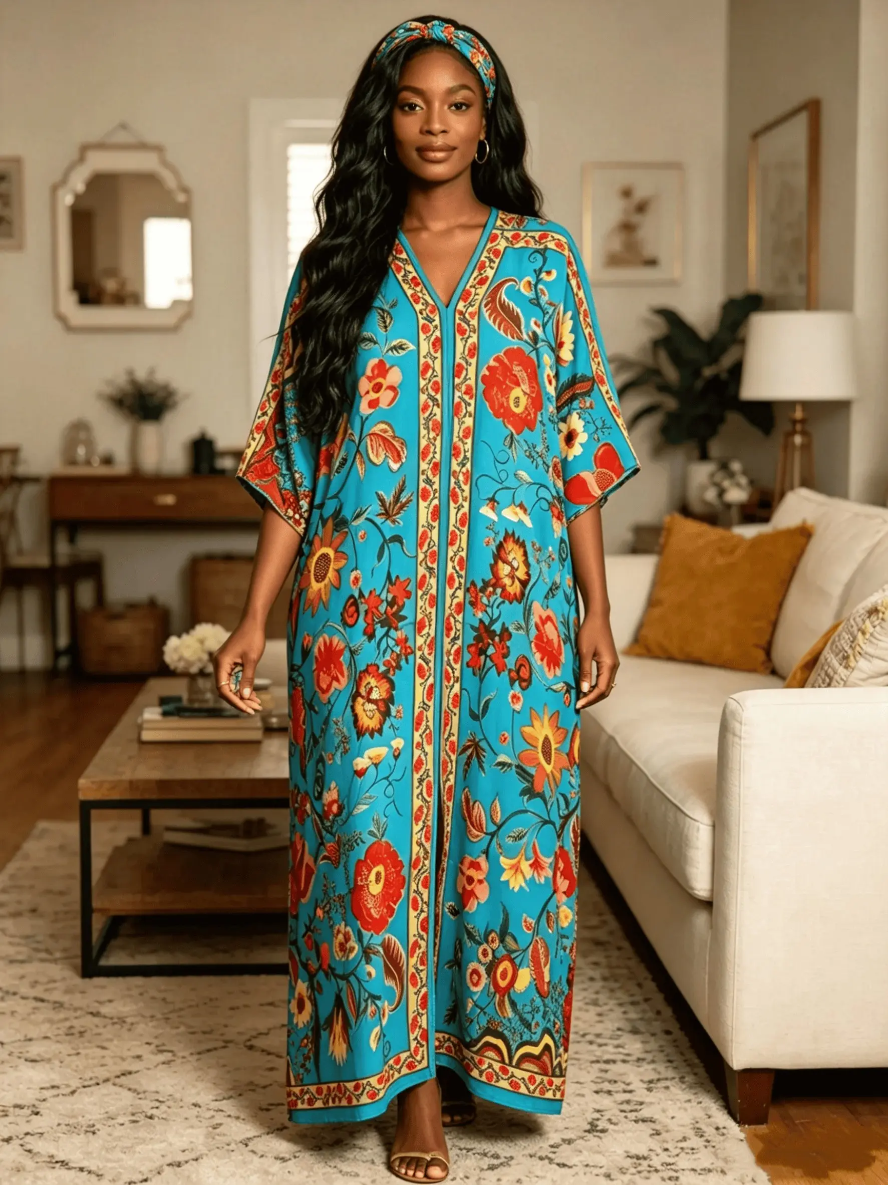 Bohemian Turquoise Base Colorful Floral Print Silky Satin Kaftan 2 Piece Outfit with Coordinating Scarf, Chic Oversized Plus Size Casual Loungewear, Versatile Beach Swim Cover Up, Tropical Resort Formal Long Dress Vibe