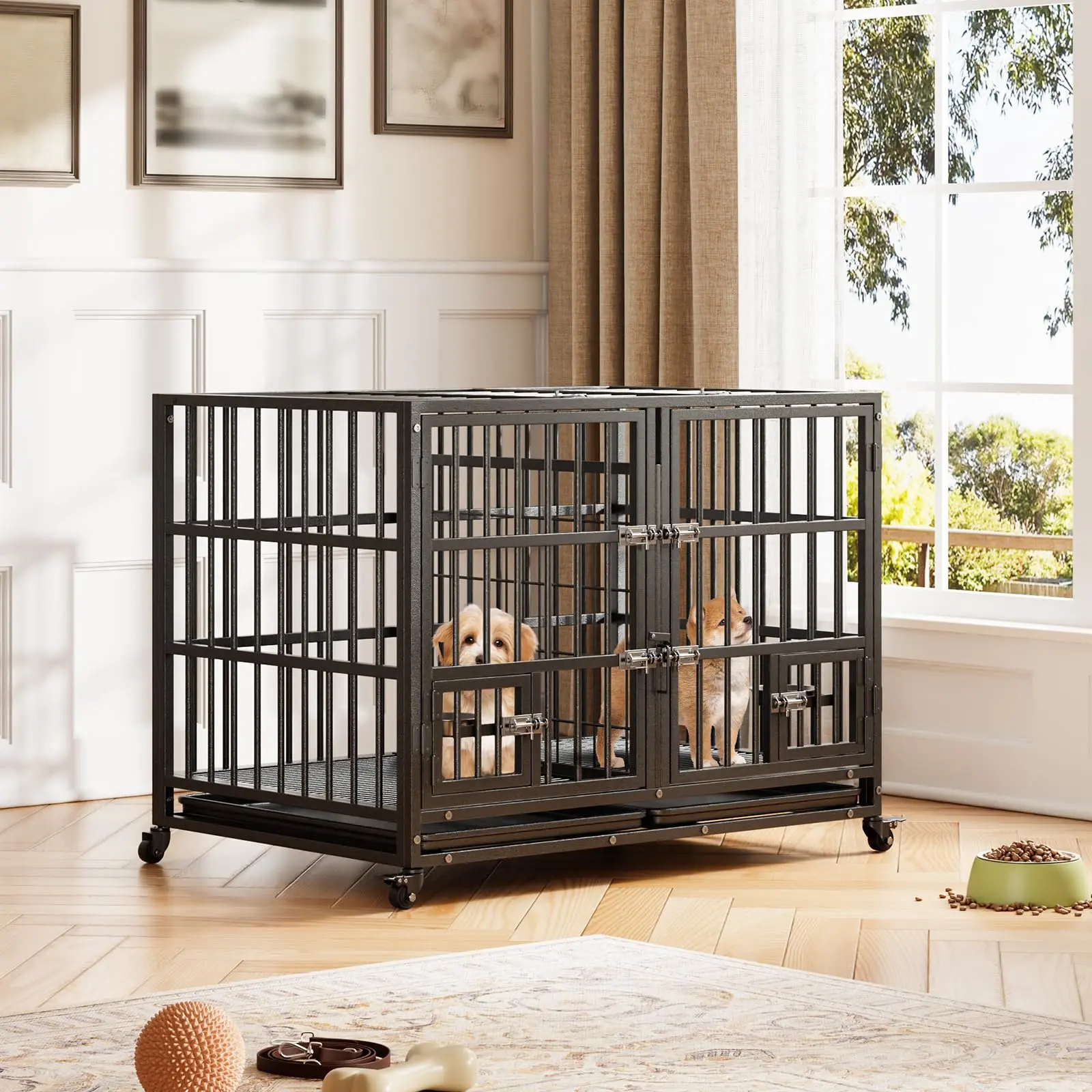 42inch/48inch Heavy Duty Dog Crate, Large Metal Dog Pet Cage Crate with 2 Feeding Doors & Bowls & Removable Tray & Wheels for Small, Medium & Large Dogs