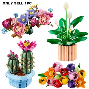 Creative Flower Wall Botanical Various Colors Tulip Building Blocks Botanical Collection Assemble Peace Lily  Cactus Bonsai Plant Bricks Toy Home Decoration Gift For Teens Adult