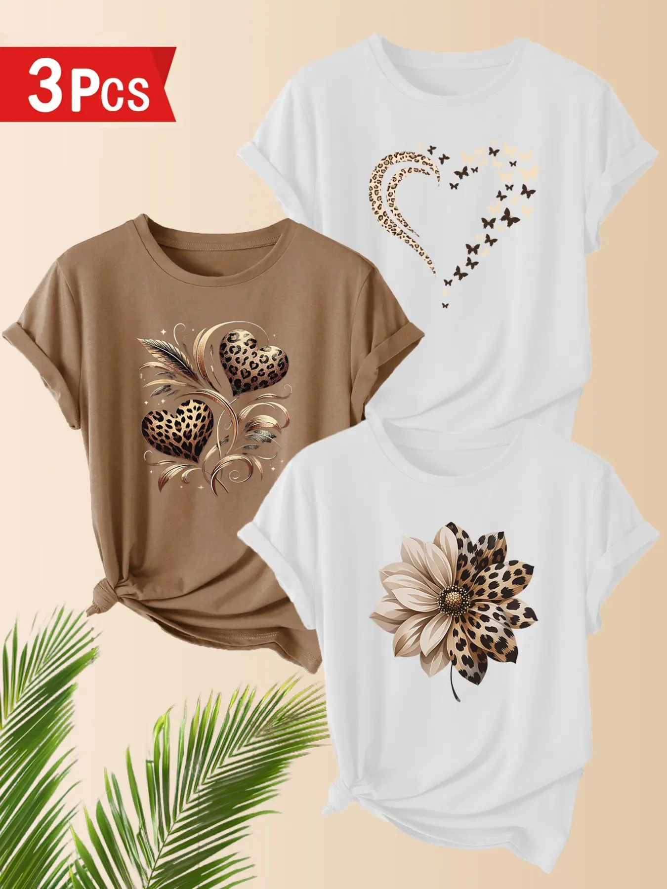 3-Pack Women's Casual Fit T-Shirts, Leopard Flower & Heart Prints, Polyester, Round Neck Short Sleeve, Spring Summer Comfort