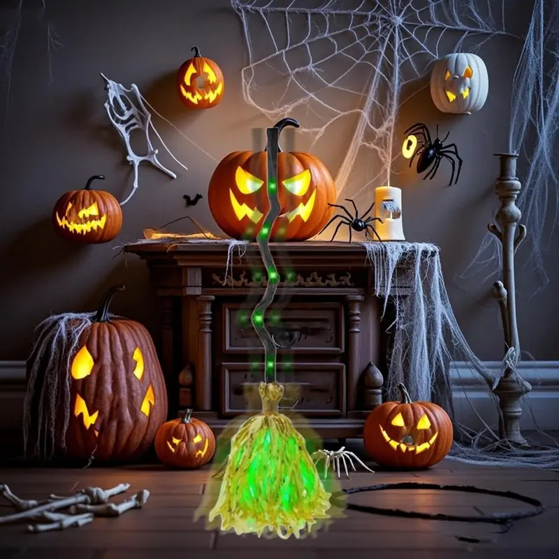 Halloween Sound-Activated LED Witch Broom Light, 35-Inch Dynamic Broom with Spooky Sounds, Indoor/Outdoor Decor, Party Decorations