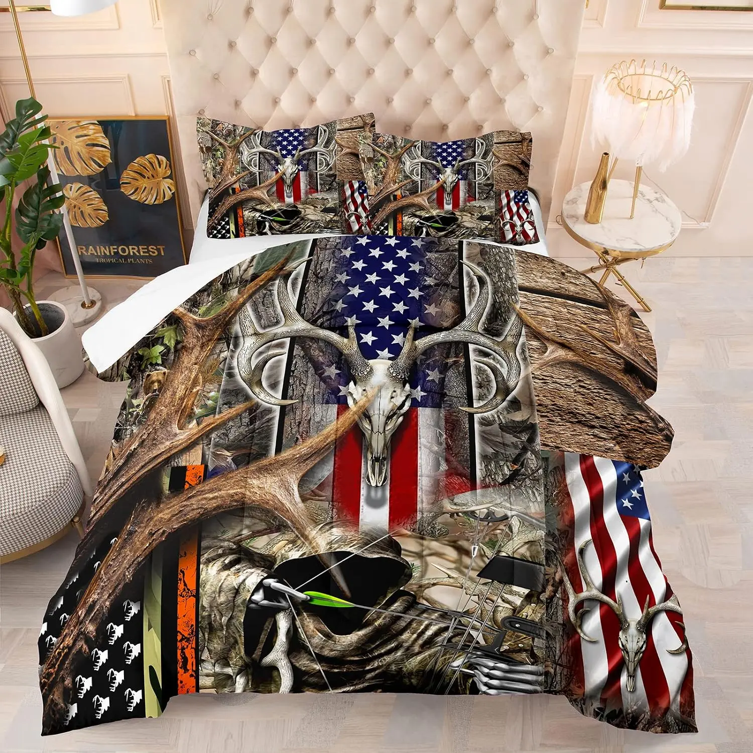 Flag Comforter Set for Boys Teens Jungle Hunting Wood Skull Deer Comforter Flag Bedding Sets Queen Size with 1 Comforter 2 Pillowcases