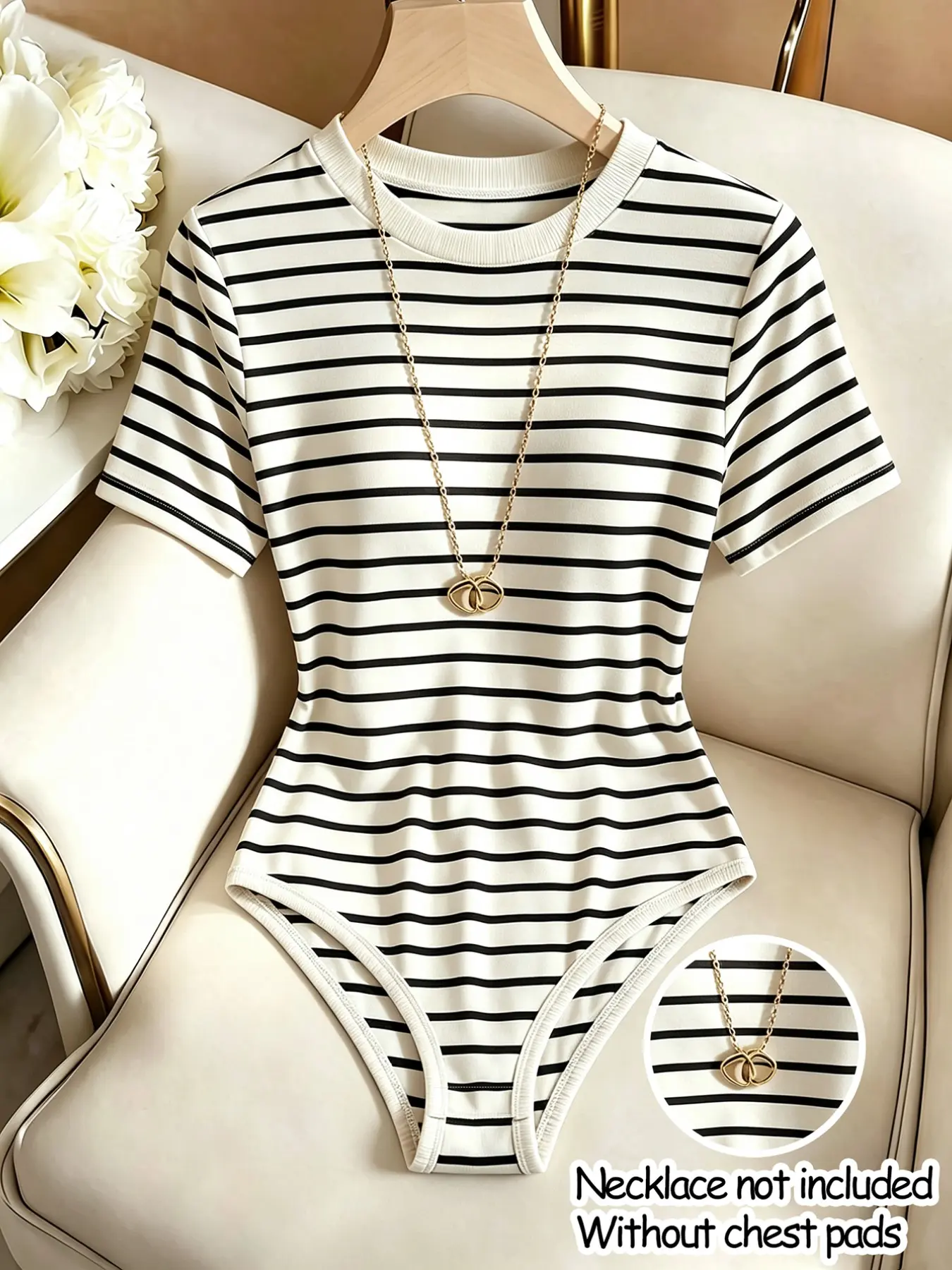 Women's Classic Striped Bodysuit Crew Neck Slim‑Fit Knit Bodysuit High‑Stretch Soft Breathable Smooth Base Top Elegant Minimalist Style Perfect for Daily Commute Going‑Out Dating and Street‑Style Outfits