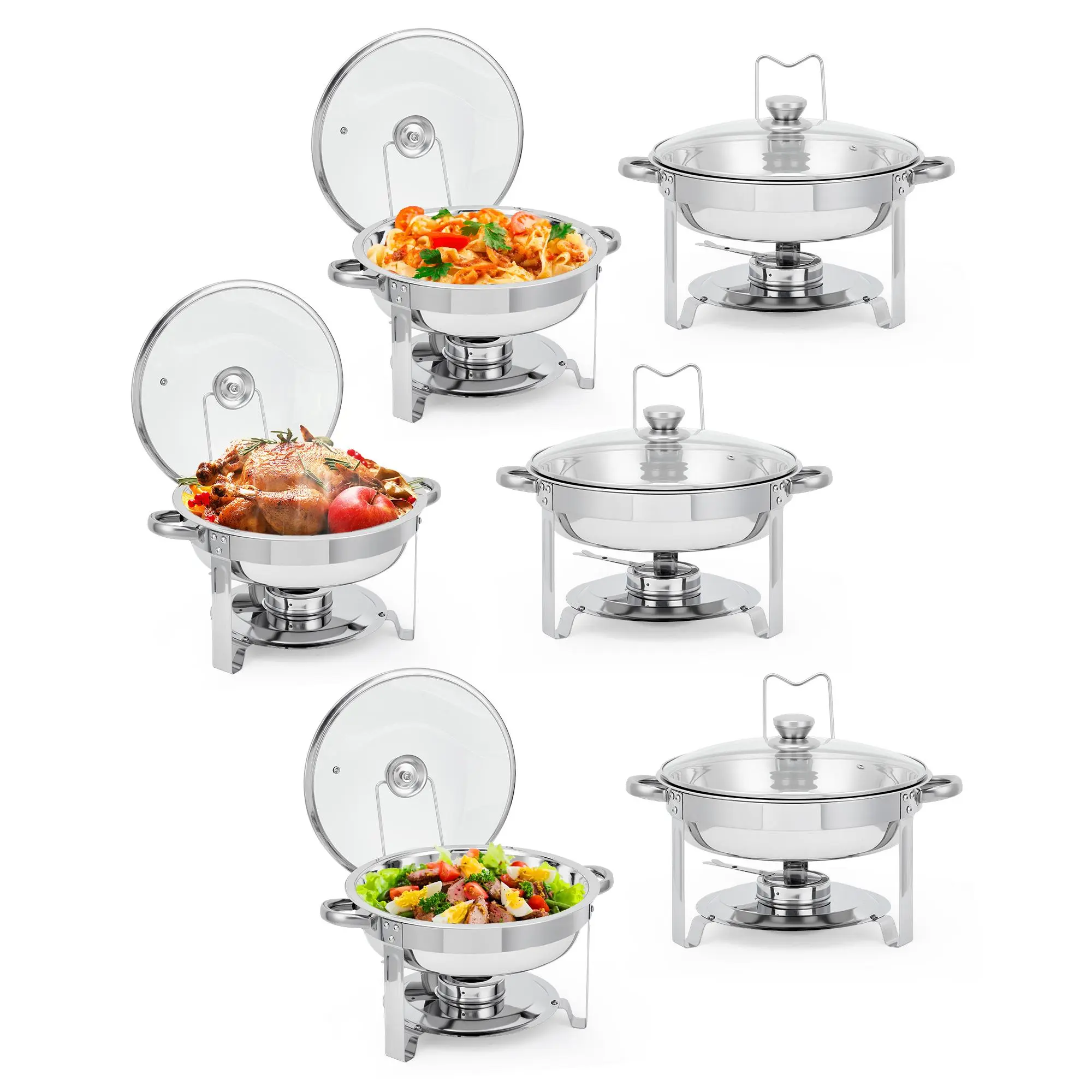 Chafing Dishes for Buffet, 5 QT Round Stainless Steel Food Warmers with Glass Lid and Hanging Hook, Buffet Servers Set for Catering Parties Weddings