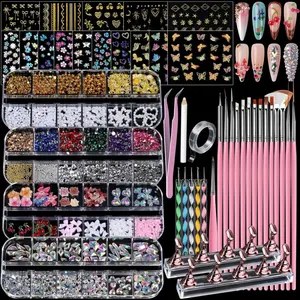 4 Boxes Nail Charms and Gems Set, Nail Rhinestones Nail Kit with Nail Art Brushes Nail Stand, Nail Gems Nail Design Tools with 15pcs Nail Stickers, Gold Nail Pearls for Women Nail Decorations