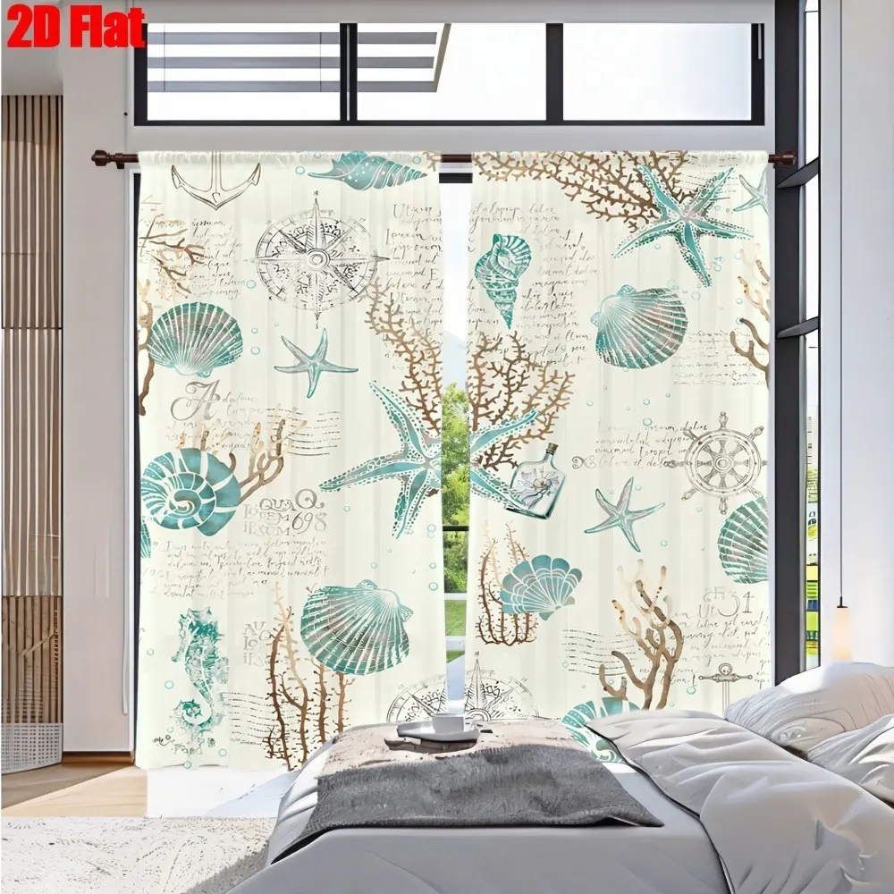 2D Flat 2Pcs Nautical Ocean Life Pattern Curtain with Seashell Starfish Anchor Compass, Coastal Seaside Theme, High Definition Printing, Vintage Maritime Style, All-Season Curtains for Home Living Room Bedroom Cabinet Decor