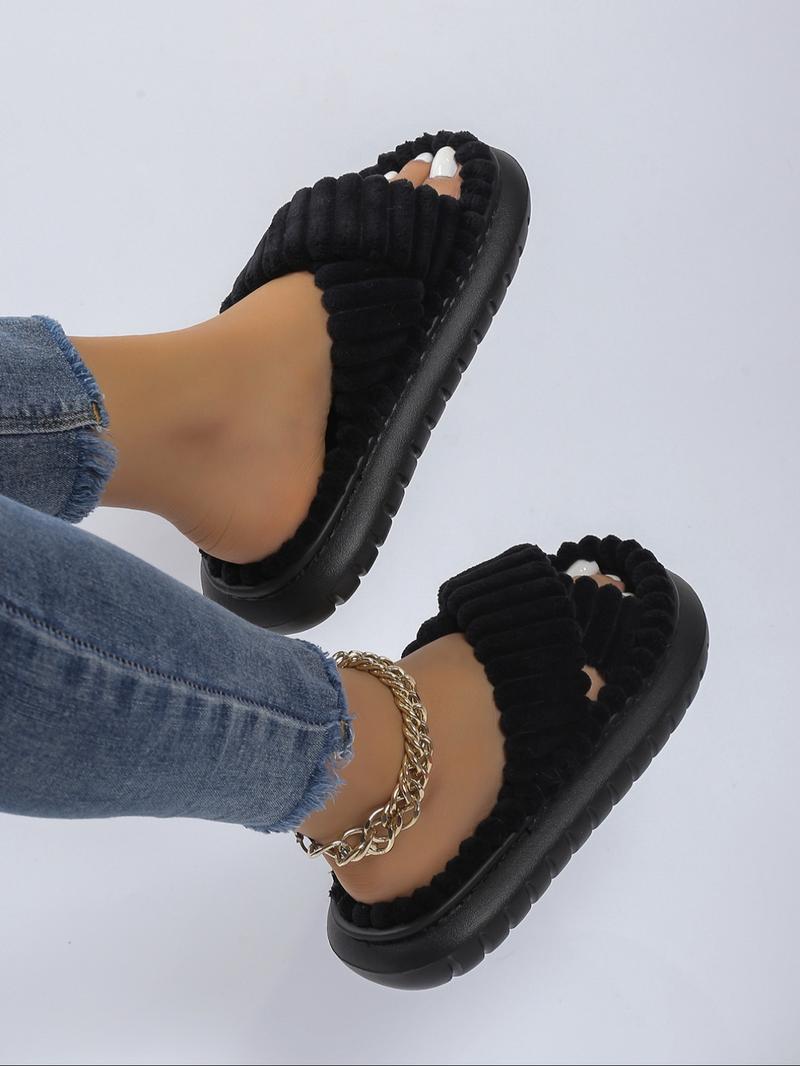 Women's Criss Cross Design Plush Slippers, Casual Soft Comfortable Non-slip Thick Bottom Slippers for Indoor and Outdoor Wear, Bedroom Slippers for Fall & Winter, Footwear