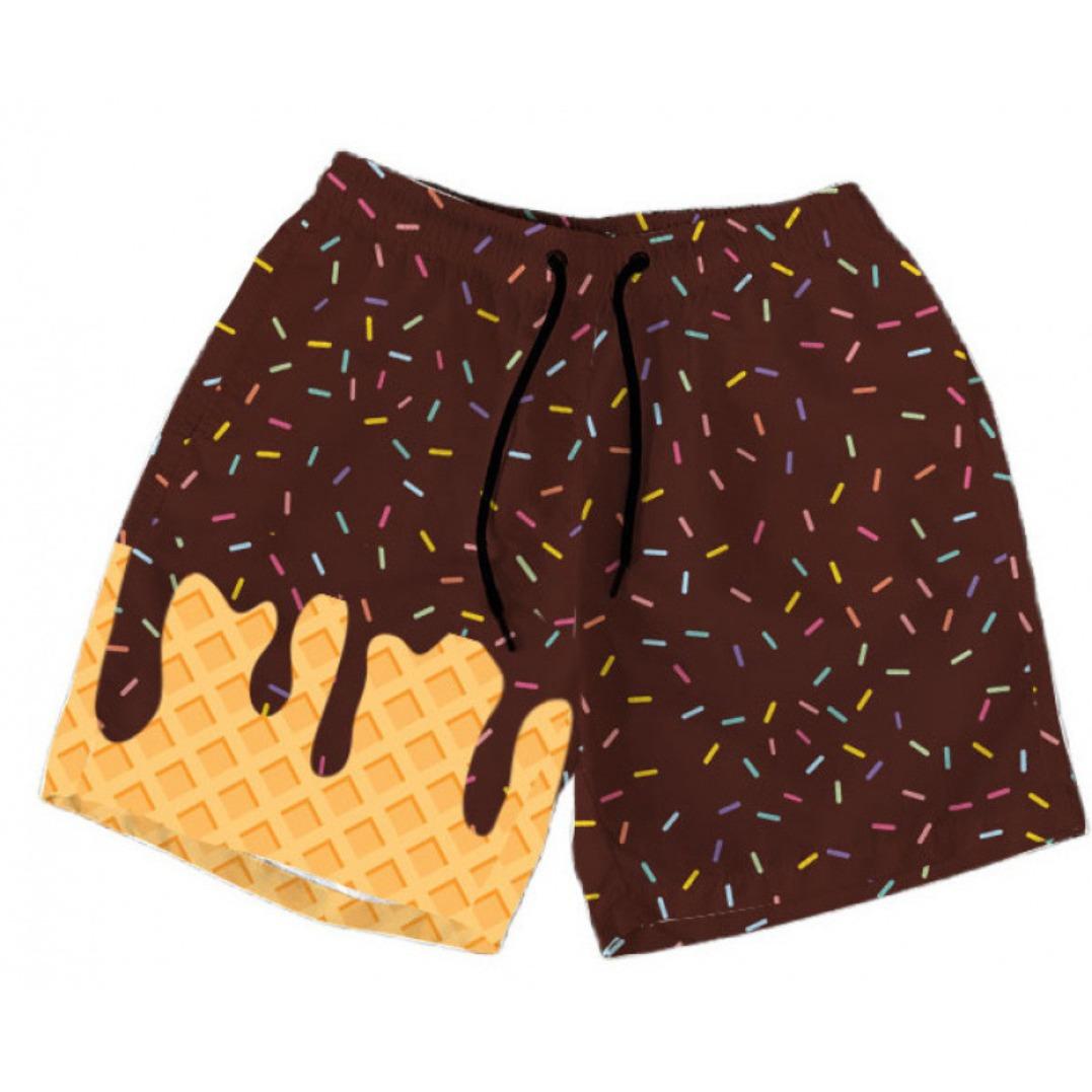 Polyester breathable 3D printed ice cream beach shorts, summer vacation loose surfing shorts, unisex fun casual sports shorts