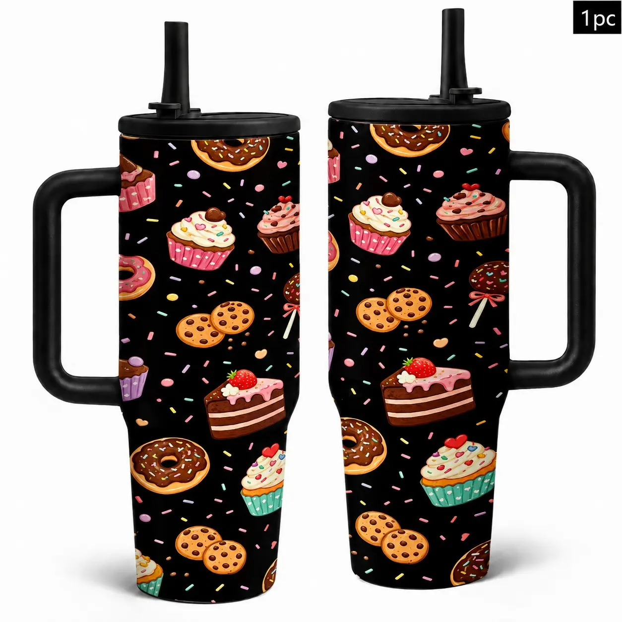 1PC 40oz Black Dessert Cupcake Donut Cookie Cake Pattern Insulated Tumbler with Handle & Straw, Double Wall Vacuum Leak-Proof Travel Mug, Hot 12H Cold 24H, Large Water Bottle for Women Girls, Birthday Valentine Gift