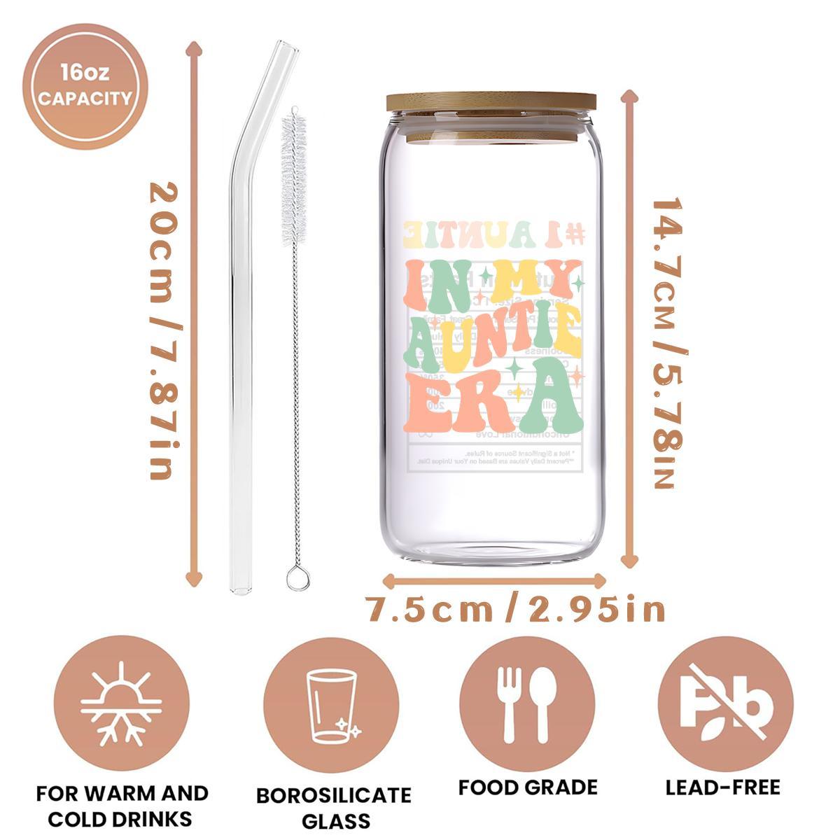 Portable 16oz Glass Cup with Straw & Brush, 1 Count Letter Pattern Coffee Cup, Drinking Cup for Home Office Use, Gift for Aunt, Birthday Gift, Tumbler Serving, Mom Tumbler, Kitchenware
