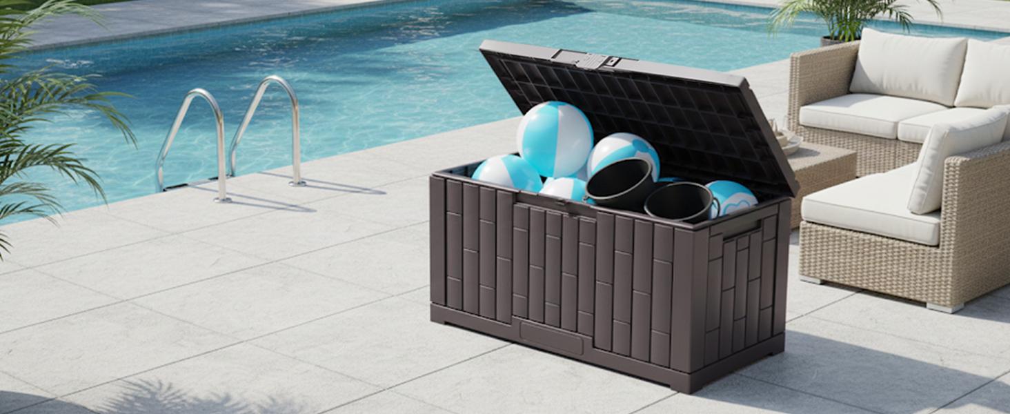 60 Gallon Deck Box, Waterproof Outdoor Storage Box with Lockable Lid, Patio Furniture Bench & Side Table, Outside Storage Container, Tool-Free Assembly, for Garden, Pool, Brown