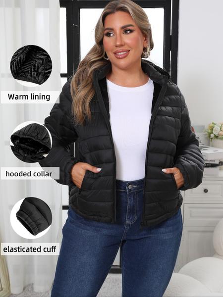 Women's Plus Size Winter Puffer Jacket, Hooded Long Sleeve Woven Fabric, Casual Fitted Plain Design, Daily Commute Outerwear, Casual Jackets