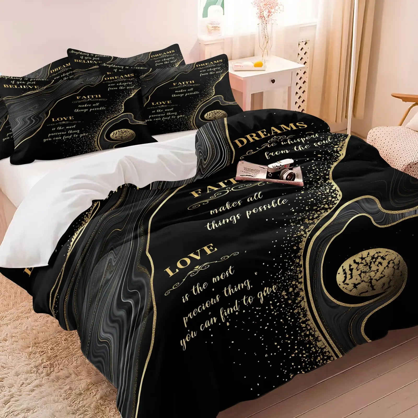 Black Gold Marble Faith Love Quote Duvet Cover Set, 1 Duvet Cover & 1/2 Pillowcases No Filling, Inspirational Abstract Bedding Set, Soft Microfiber, Luxury Decor Gift for Men Women Adults Bedroom Dorm