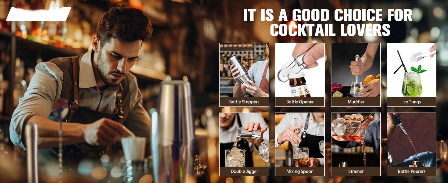 THE WELL KEPT Cocktail Shaker Set, 23-Piece Boston Stainless Steel Bartender Kit with Acrylic Stand & Cocktail Recipes Booklet, Professional Bar Tools for Drink Mixing, Home, Bar, Party (Include 4 Whiskey Stones) Utensils
