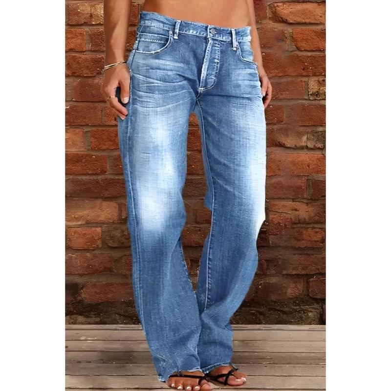Women's Plus-Size Oversized Baggy Denim Pants - Mid-Rise, Ripped Straight-Leg, 90s Hippie Streetwear, Bleached, Knitting Detail, Button Closure, Pocket, Cold Wash, Casual Sports & Outdoor Bottoms, Plussize