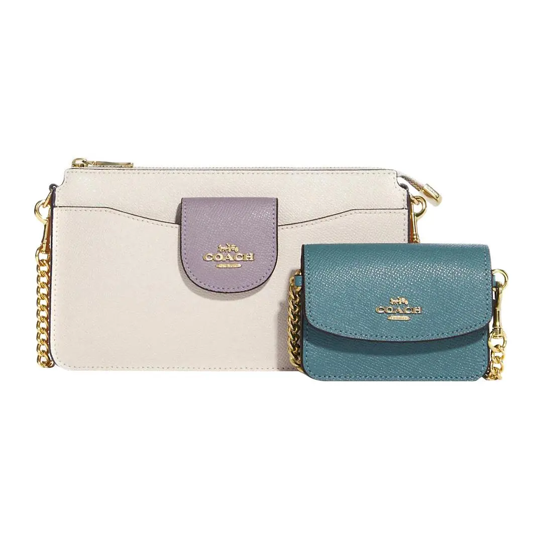 COACH Poppy 21 Crossbody Bag - Minimalist Pebbled Leather, 2-Tone Zipper Closure, Snap Pocket, White Purple Teal
