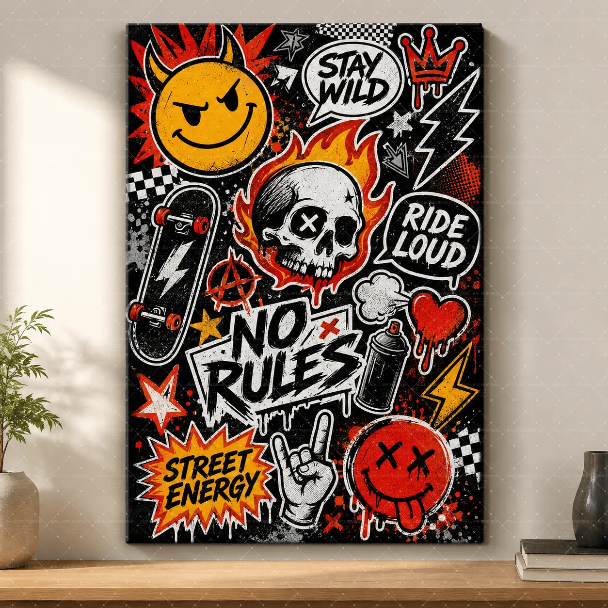 "No Rules Graffiti Canvas Art| Black Skull Devil Print, Aesthetic Teen Room Decor, Punk Street Culture Statement Poster Gift",wall decor,poster.