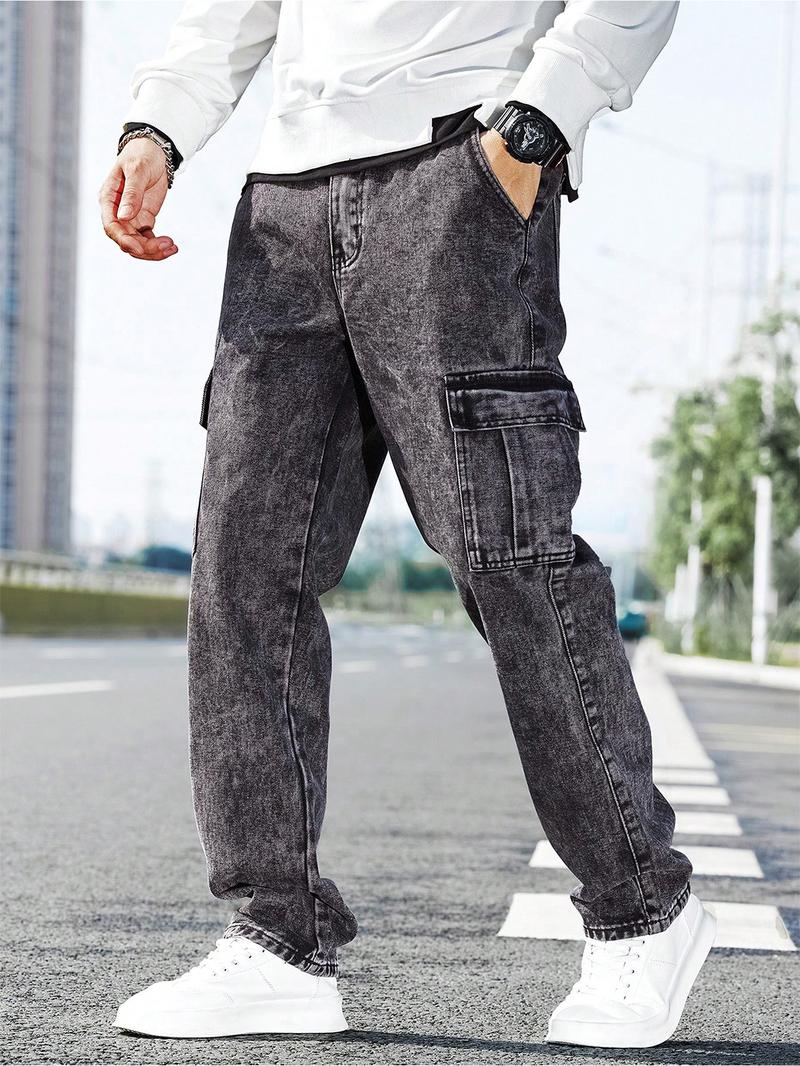 Men's Solid Flap Pocket Cargo Jeans, Loose Casual Street Fashion Denim Pants for Daily Wear, Men's Trousers for All Seasons