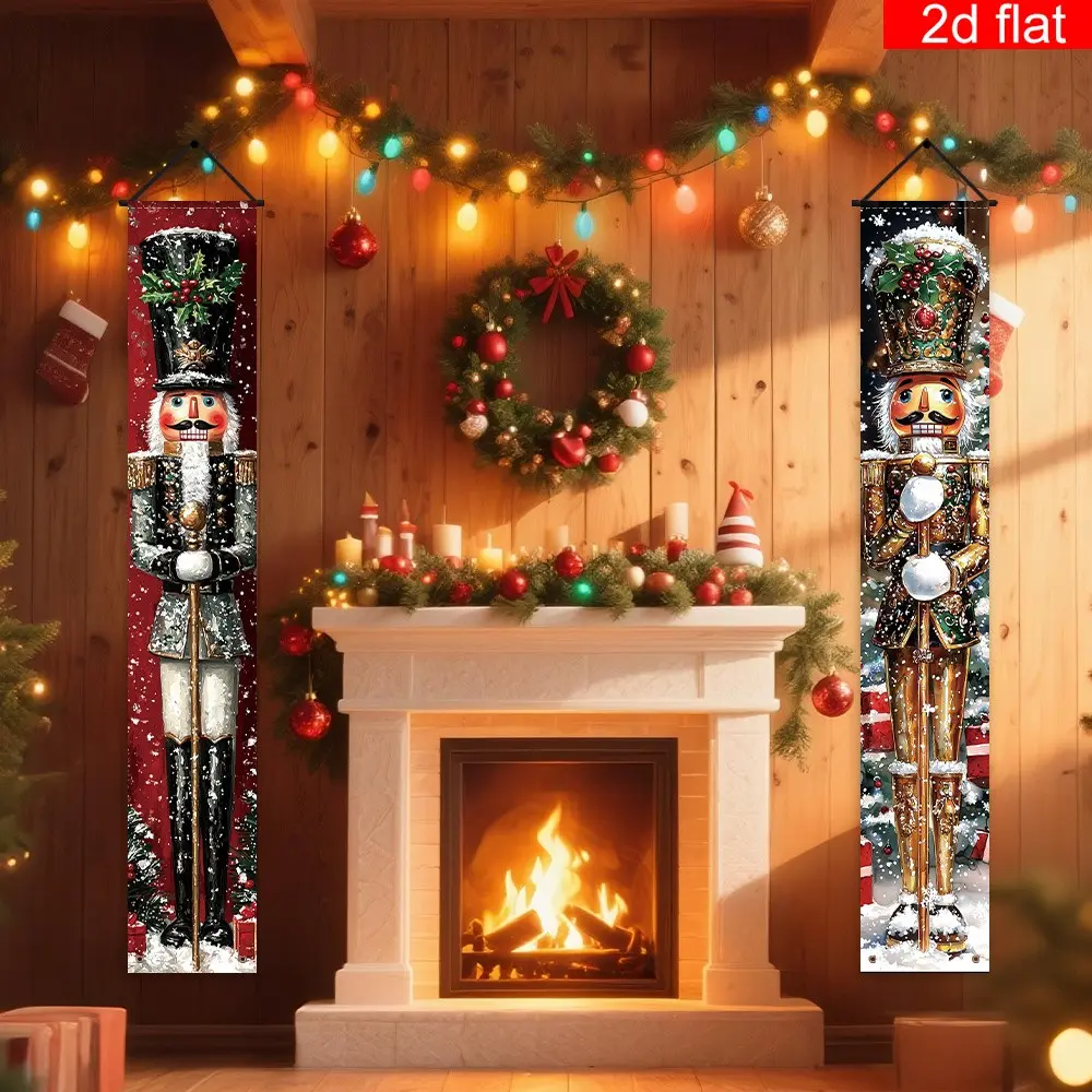 2D Flat Banner 2pc Christmas Nutcracker Vertical Porch Banner, Suitable for Shop Window, Courtyard Gate, Restaurant Corridor, For Christmas Decor, Winter Theme Scene, Holiday Entrance Decoration, Polyester Fabric
