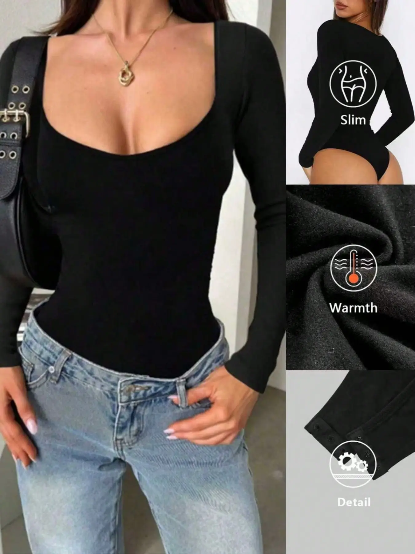 Women's Seamless Round Neck Long Sleeve Bodysuit, Fleece Lined Warm Comfortable Fashion Full Body Design, Suitable for Daily Wear