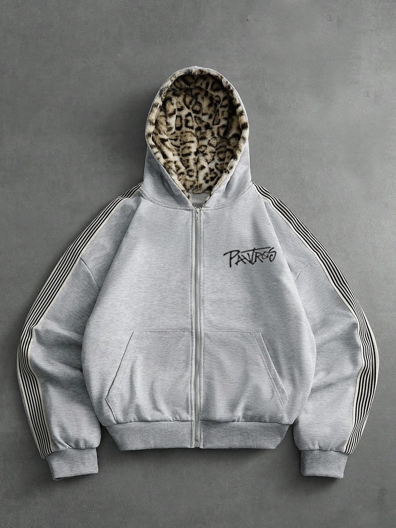 Men's Heather Grey Cropped Zip Up Hoodie Jacket, Leopard Print Lined Hood, Multi Striped Long Sleeves, Graffiti Script Chest Embroidery Oversized Loose Casual Retro Y2K Streetwear Thermal Hooded Sweatshirt with Kangaroo Pocket for Men
